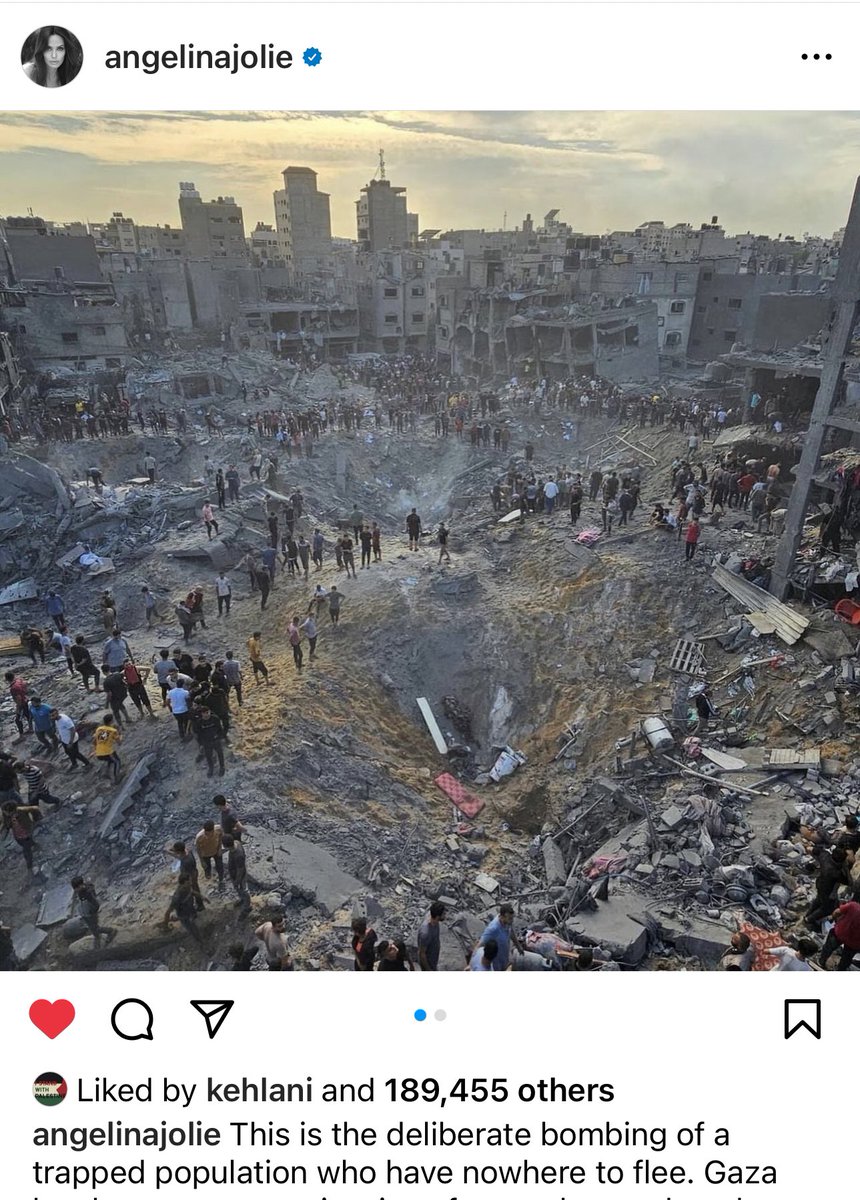 Keep_t100's tweet photo. #AngelinaJolie has finally joined the chat … I don’t know if I missed any previous comments from her … though I’m glad she’s spoken out…it shouldn’t have taken her this long!

Society shouldn’t have to wait the genocide to be confirmed…society should prevent it
#FreePalestine https://t.co/NoxAZtEkkv
