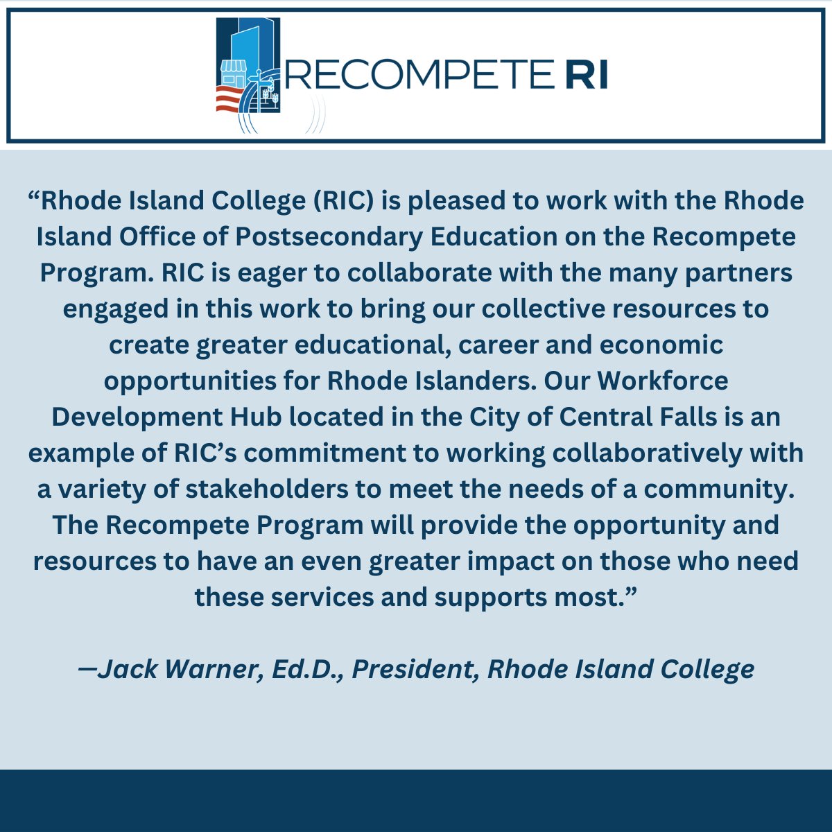 RECOMPETE RI (@recompeteri) on Twitter photo Recompete RI is proud to have the support of <a href="/RICNews/">Rhode Island College</a> in our efforts to revitalize our workforce economy. Recompete RI is proud to have the support of <a href="/RICNews/">Rhode Island College</a> in our efforts to revitalize our workforce economy.