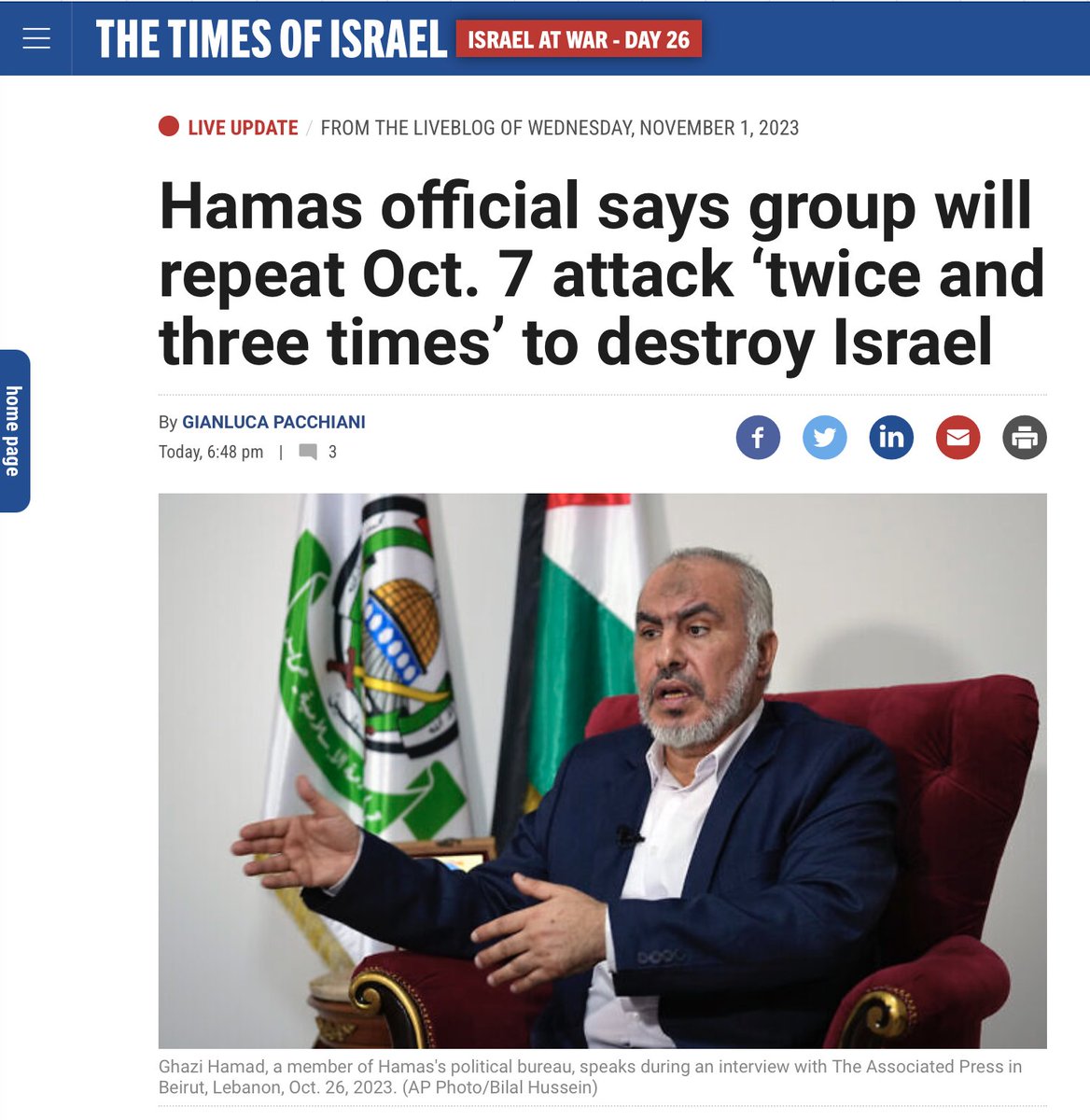 At some point, particularly when discussing a ceasefire, we have to acknowledge that there are two participants in this current conflict. We have to ask what the goals are of those two participants. We have to ask what they are doing to obtain those goals. Here's a Hamas official