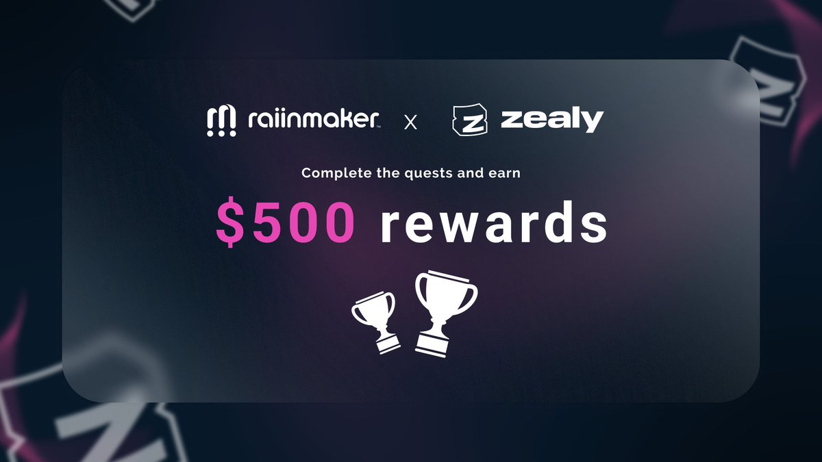 ✨We just launched our next sprint on <a href="/zealy_io/">Zealy</a>

🏅Don't miss out on the $500 prize pool!

Complete our quests and earn big rewards.🌠

🚀 zealy.io/c/raiinmaker/q…

#MintYourMoment with #zealy
