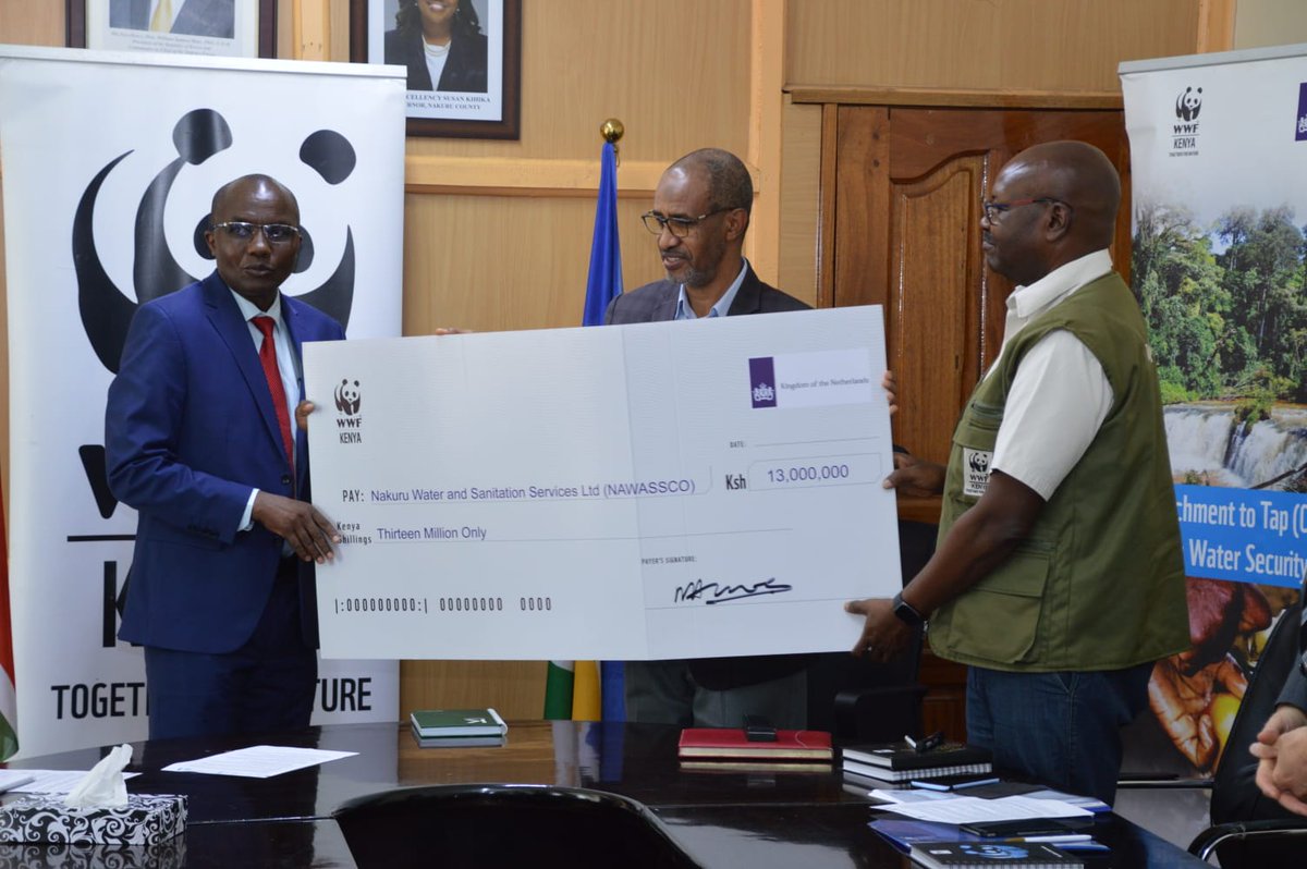 WWF_Kenya's tweet photo. Today @WWF_Kenya issued a grant of Ksh.13 Million to @NakuruWater (NAWASSCO), in Nakuru to restore the Kabatini aquifer, which provides 90% of the water supplied by NAWASSCO to over 300,000 Nakuru County residents. The grant will also support the rehabilitation of two springs in Nesuit that will boost access to clean water for 400 households in the county.๐
@CEO_WWFKenya Mohamed Awer and Dr @OwekeOjwang โ Freshwater Lead, WWF-Kenya presented the cheque to H.E @HonDavidKones, the Deputy Governor of @NakuruCountyGov
The initiative was made possible by the Catchment to Tap (C2T) project, which is funded by the Embassy of the Kingdom of Netherlands, aims at promoting water security across the country.
Together with other partners, namely World Waternet, Viten-Evides International, KEWASNET, and Egerton University, C2T is creating awareness among the public on water conservation while providing a unique opportunity for Kenyans through grants to act.
The event was attended by Myrko Webers MBA, Project Manager - Vei, David Mutai, Regional Manager - Rift Valley Basin Area (RVBA), Margaret Wanjiru, Chief Officer of Water and Sanitation, Nakuru County and Barasa Kennedy, Chief Officer of Environment, Energy, Climate Change & Natural Resources, Nakuru County
#Voices4Rivers #Catchment2Tap
