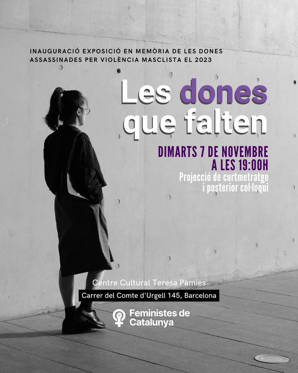 feministes_cat's tweet photo. Encara queden 2 mesos per acabar 2023 i ja són gairebé 100 les dones assassinades aquest any, un crim masclista cada 3 dies, amb dies que s'han perpetrat fins a 5 feminicidis.

El pròxim dimarts 7 de novembre a les 19h us esperem a totes per a l’inauguració de l’exposició-denúncia Les dones que falten, en memòria de totes les dones assassinades per violència masclista el 2023, al Centre Cultural Teresa Pàmies.

Hi haurà una presentació i inicial, la projecció d’un curtmetratge i posterior col•loqui.
