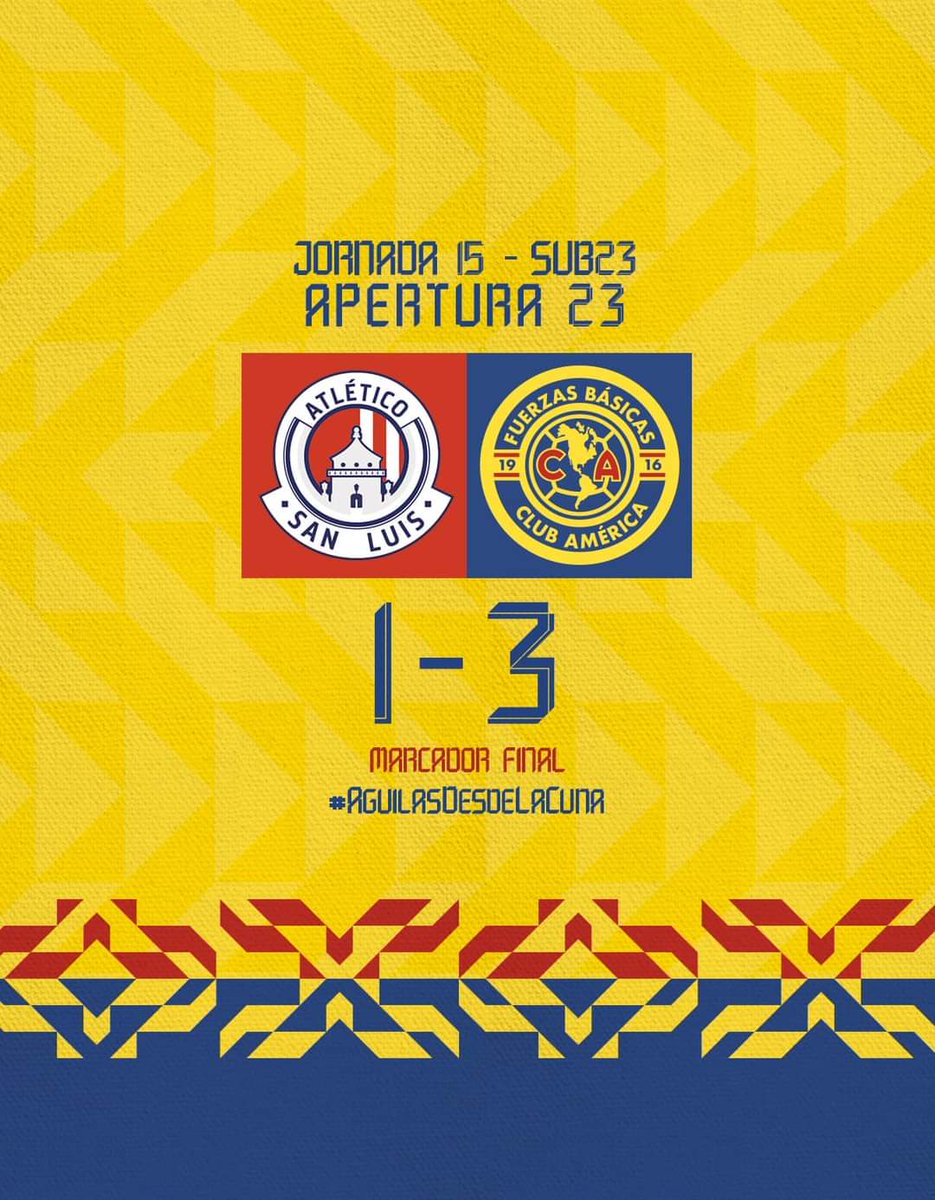 Primer picotazo 
#Sub23 | 𝗠𝗮𝗿𝗰𝗮𝗱𝗼𝗿 𝗳𝗶𝗻𝗮𝗹

San Luis 1-3 América      
#ÁguilasDesdeLaCuna 🦅
@17TITULOSDELIGA 
@GOLBOY17