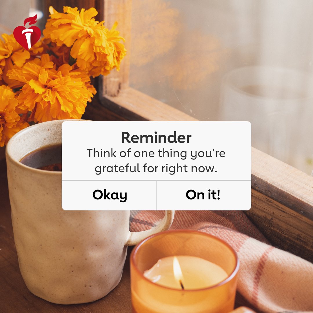American_Heart's tweet photo. When life gets stressful, don’t lose sight of the good! A regular gratitude practice can make you healthier and lead to better mood, better sleep, lower blood pressure and improved immune function. 

#Gratitude #RestfulNotStressful https://t.co/VNSl0RJsYn