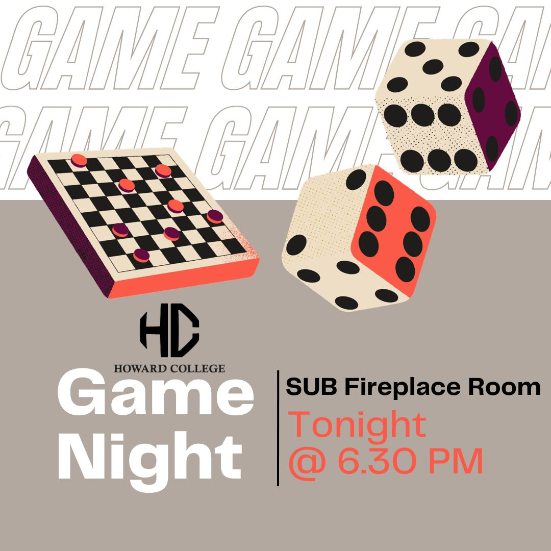 HC_BigSpring's tweet photo. Escape the cold and join us tonight for Game night! 6:30pm in the SUB. See you there! π²βοΈπ§©
#HowardSUB https://t.co/9puzF783bg