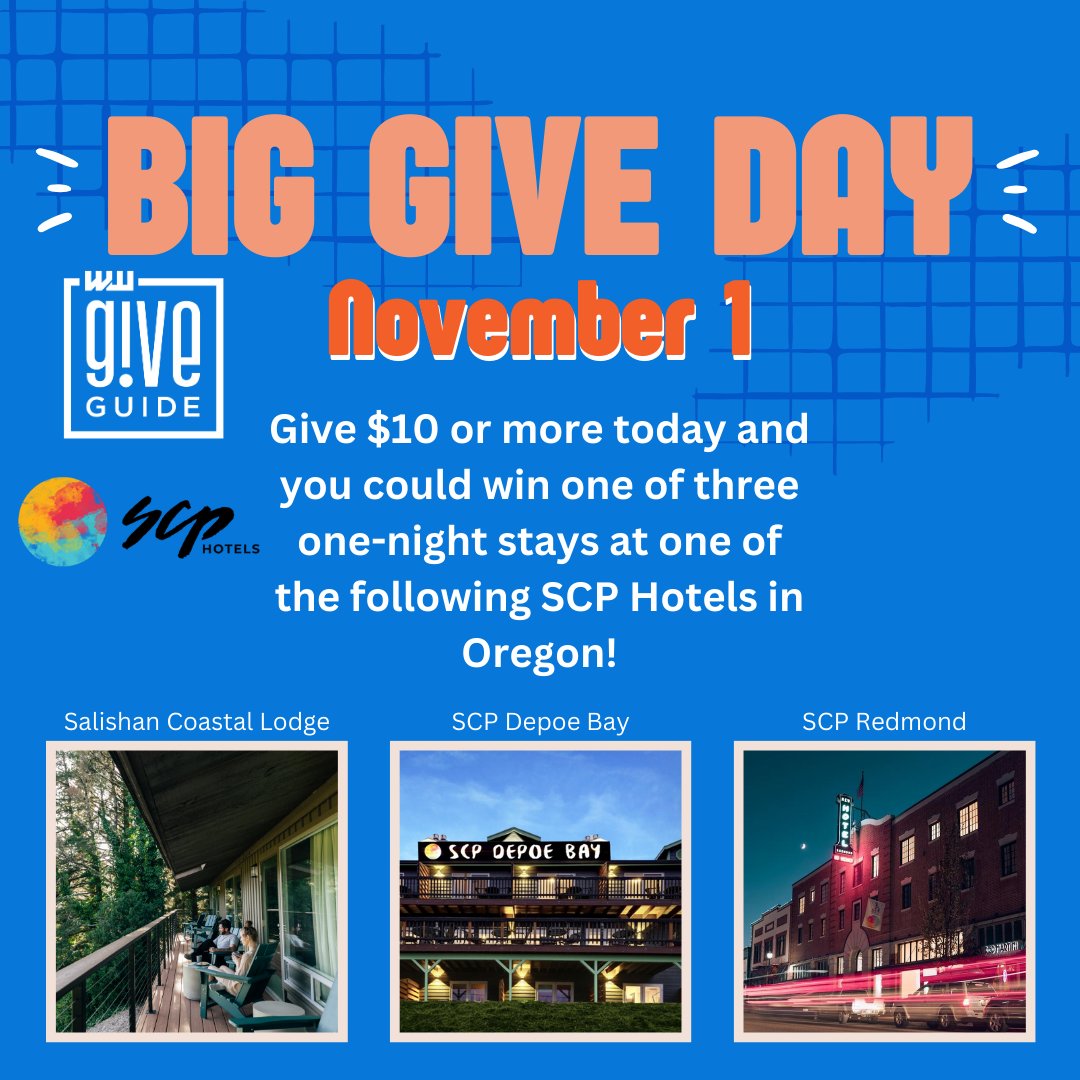 Give!Guide starts today! Give $10 or more today to win one of 3 one-night stays at one of these SCP Hotels in Oregon!
#giveguide 

Donate to any Give!Guide nonprofit to win. TODAY ONLY
giveguide.org