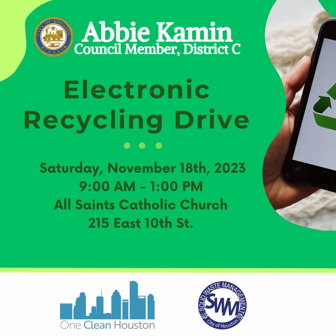 AbbieKamin's tweet photo. Save the date! 📺♻️💻

In partnership with @HoustonTrash, #DistC is hosting our first electronic recycling event at All Saints Church on November 18! #OneCleanHouston https://t.co/jA2PljAzJJ
