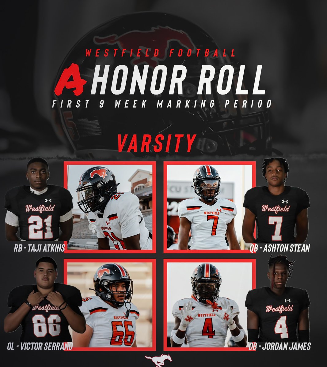 Westfield Mustang Football (@fb_westfield) on Twitter photo Please help us to congratulate these student-athletes for receiving ALL A's and their extraordinary efforts in the classroom.
<a href="/TheTajiAtkins/">Taji “PrimeTime” Atkins</a>
@xmanjayy1
<a href="/Ashton_Stean7/">Ashton Stean</a>
Victor Serrano
<a href="/SpringISD/">Spring ISD</a> <a href="/SpringISD_Super/">Dr. Lupita Hinojosa</a> <a href="/DerrellOliver/">Coach Derrell Oliver</a> <a href="/Meeks38/">Matt Meekins</a> <a href="/whsmustangs/">Westfield Mustangs</a> @gowestfieldfb <a href="/LauraH1431/">Laura Hunter</a> Please help us to congratulate these student-athletes for receiving ALL A's and their extraordinary efforts in the classroom.
<a href="/TheTajiAtkins/">Taji “PrimeTime” Atkins</a>
@xmanjayy1
<a href="/Ashton_Stean7/">Ashton Stean</a>
Victor Serrano
<a href="/SpringISD/">Spring ISD</a> <a href="/SpringISD_Super/">Dr. Lupita Hinojosa</a> <a href="/DerrellOliver/">Coach Derrell Oliver</a> <a href="/Meeks38/">Matt Meekins</a> <a href="/whsmustangs/">Westfield Mustangs</a> @gowestfieldfb <a href="/LauraH1431/">Laura Hunter</a>