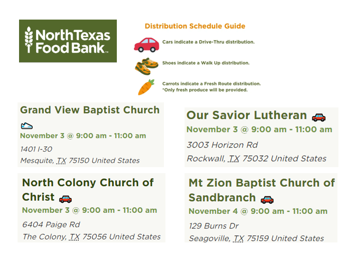If you are seeking food assistance, the North Texas Food Bank is hosting walk up and drive-thru food distribution at the following locations.