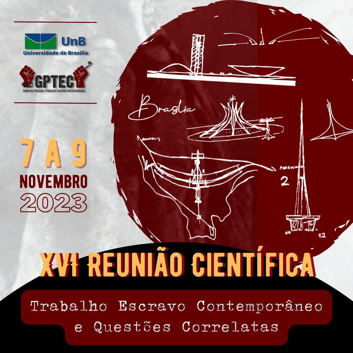 Vem aí, dias 7 e 9/11, a "XVI Reunião Científica - Trabalho Escravo Contemporâneo e Questões Correlatas".

As atividades serão na Faculdade de Direito da <a href="/unb_oficial/">UnB</a>, das 8h30 às 20h, com a participação de autoridades e pesquisadores da área.

Detalhes: noticias.unb.br/component/agen…