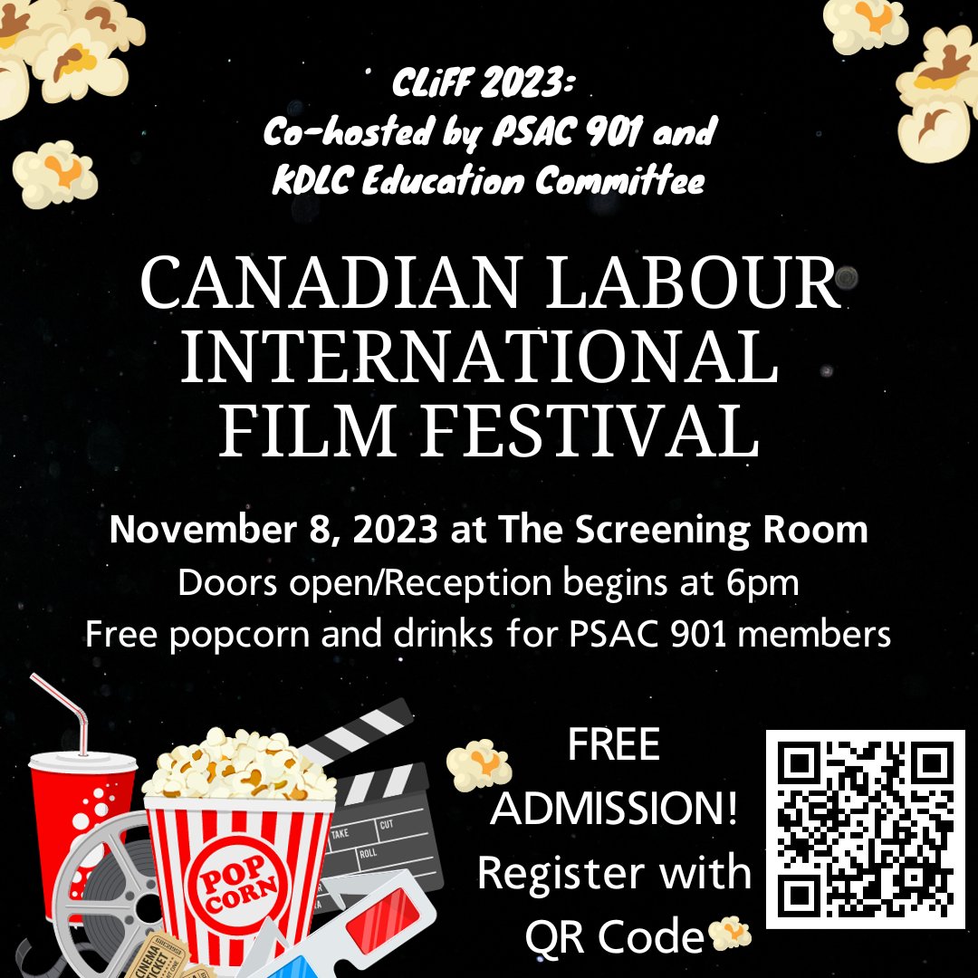 PSAC901's tweet photo. Join the @PSAC901 Social Justice Committee + @KDLCSolidarity Education Committee at The Screening Room on Nov. 8 for #CLiFF2023. FREE ADMISSION! Doors at 6, screenings start at 6:30 & discussion to follow. Please REGISTER here: https://t.co/CiPvrtK7Xl #psac901 #kdlc #queensu https://t.co/gG90q7VQm8