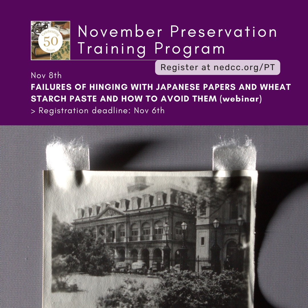 NEDCCInfo's tweet image. Join us for the upcoming webinar on FAILURES OF HINGING WITH JAPANESE PAPERS AND WHEAT STARCH PASTE AND HOW TO AVOID THEM to learn about the typical issues that result in hinge failures. Register at nedcc.org/pt.

#PaperConservation #ConservationLab #CulturalHeritage