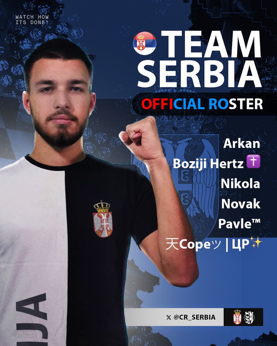 We present our roster for <a href="/CR_Supremacy/">Supremacy League</a> ! 
🇷🇸

🔴<a href="/CrArkan/">Arkan_CR</a>
🔵<a href="/Mateja_CR/">Mateja™🇷🇸</a>
⚪️<a href="/nikolacr_/">Nikola</a>
🔴<a href="/Novak_Noob/">Novak</a>
🔵<a href="/copexzy/">Cope</a>
⚪️<a href="/PavleLava/">Pavle❤Lava</a>