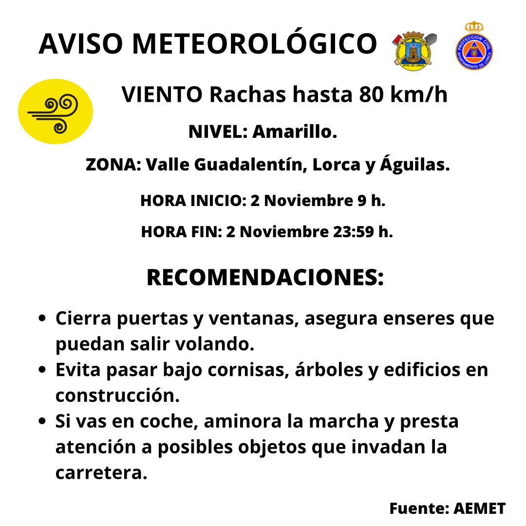 112Lorca's tweet image. Buenas noches #Lorca. AEMET ha activado para mañana aviso amarillo por viento. Las rachas pueden alcanzar los 80 km/h. Atentos también al resto de la región, donde hay puntos en que el aviso por viento es naranja.
