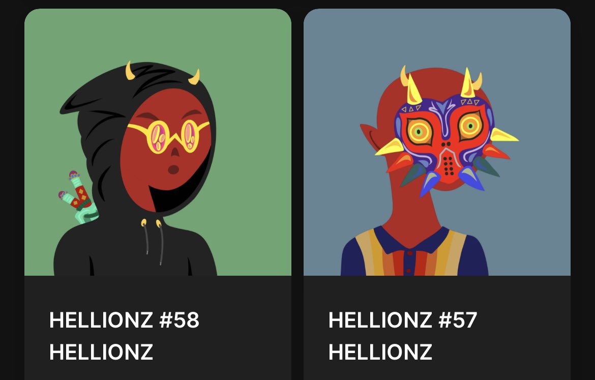 Gm 😈 Spooky Szn isn’t over until I say so… as of this moment ~450 HELLIONZ have been minted… the wallet that mints no. 500 will be airdropped THIS dynamic devil-duo (nos. 57 + 58)… MINTMINTMINT:

hellionz.howlerz.io

Gold specs x hoodie + Majora Mask ‼️ 😮‍💨 send it.