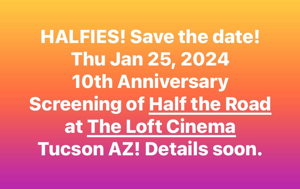 HalfTheRoad (@halftheroad) on Twitter photo Woohoo! Celebrating our 10yr anniversary on January 25, 2024 with a screening at <a href="/TheLoftCinema/">theloftcinema</a> where we had our world premiere in January 2014! We’ll keep ya posted. Save the date! Woohoo! Celebrating our 10yr anniversary on January 25, 2024 with a screening at <a href="/TheLoftCinema/">theloftcinema</a> where we had our world premiere in January 2014! We’ll keep ya posted. Save the date!