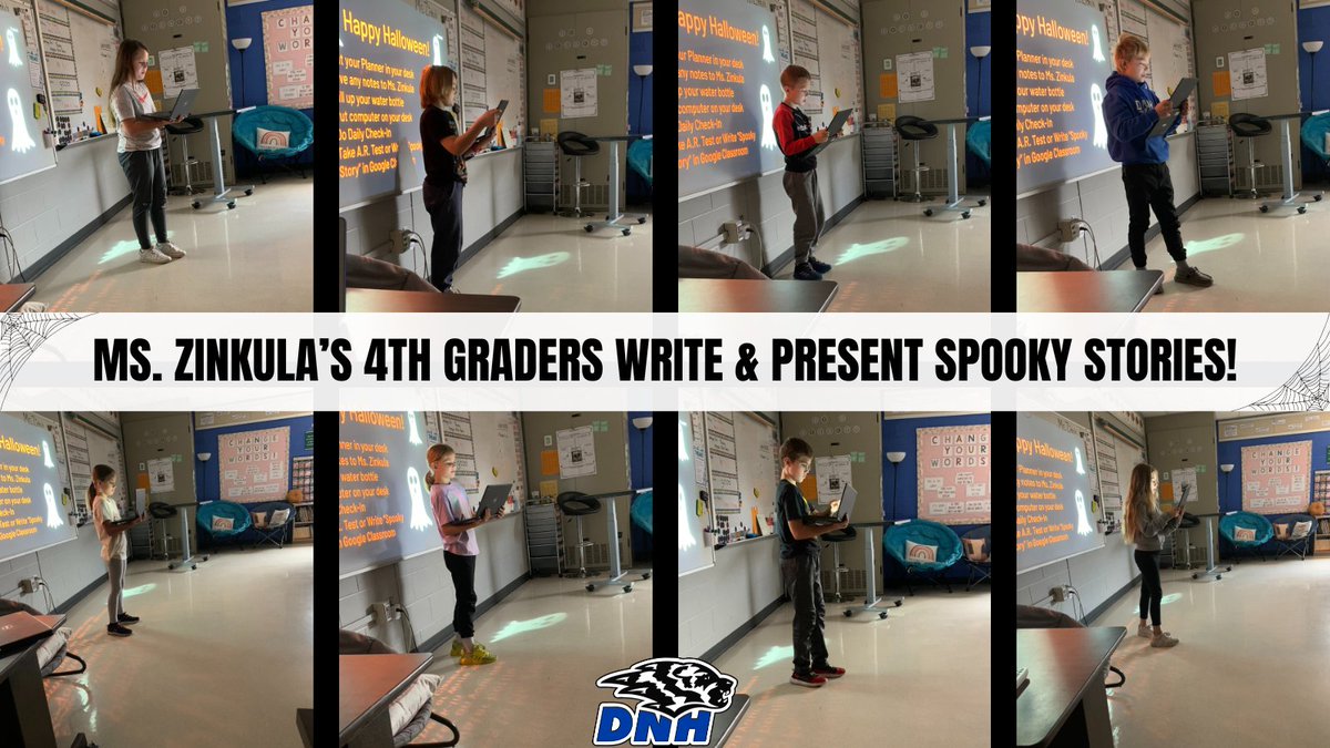 DNHSchools's tweet photo. Ms. Zinkula's 4th graders had a spooktacular Halloween! They wrote Spooky Stories &amp; presented them to classmates &amp; staff, using their writing &amp; speaking skills. Congrats to the winners: Evanee Ames (1st), Ellie Petersen (2nd) &amp; Madison Myers (3rd) 📝👏 #rollblue #GrowingTogether https://t.co/k874WHRkR0