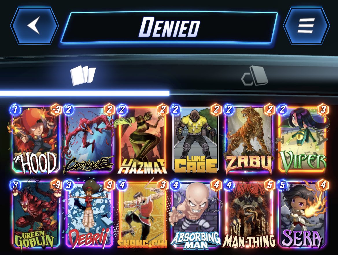 BradMarvelSnaps's tweet photo. Loving this deck right now! Deny your opponents board space and Shang the big cards. So fun.
#snapvariants #snapdeck https://t.co/ebu8uStO0Y