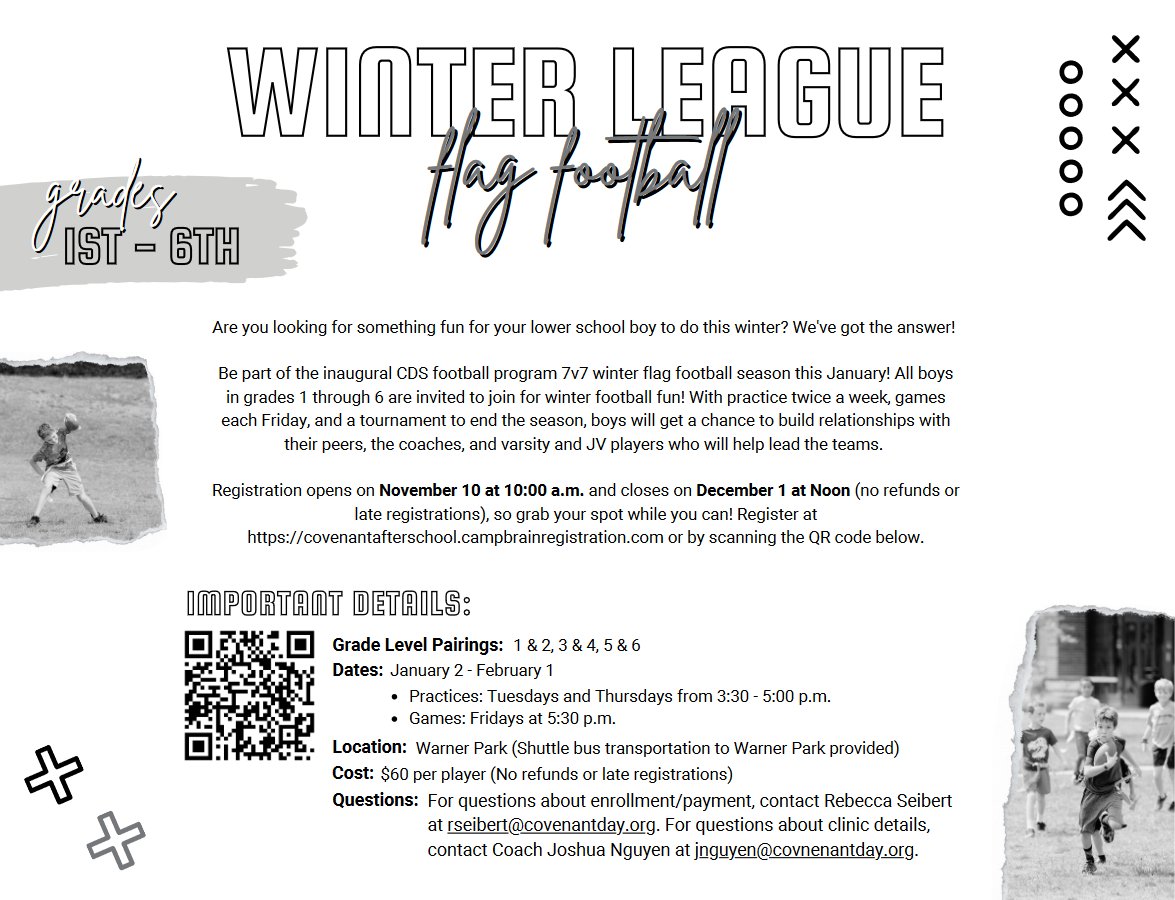 Winter League Flag Football: See the attached flyer for information on 7v7 Flag Football Winter League for 1st-6th graders!