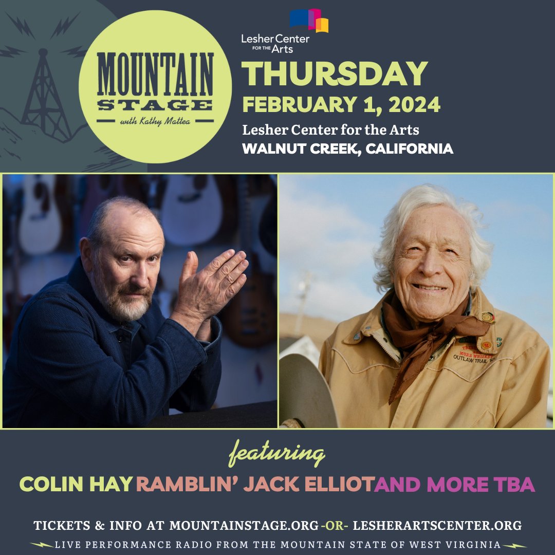 ✨Just announced!✨ Colin Hay and Ramblin’ Jack Elliott will be 2 of 5 featured performers when @mountainstage, hosted by Kathy Mattea, comes to Walnut Creek on Feb 1, 2024. For tickets: lcarts.org/MountainStage