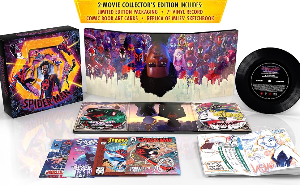 IGNDeals's tweet photo. Out November 14 and still on sale for $89.99 instead of $119.99, preorder the Spider-verse 2-Movie Collector's Edition 4K/Blu-ray/digital collector's set and get that 7" vinyl along with all the other great stuff. https://t.co/WfySWisYTJ https://t.co/7VsdeVXPqk