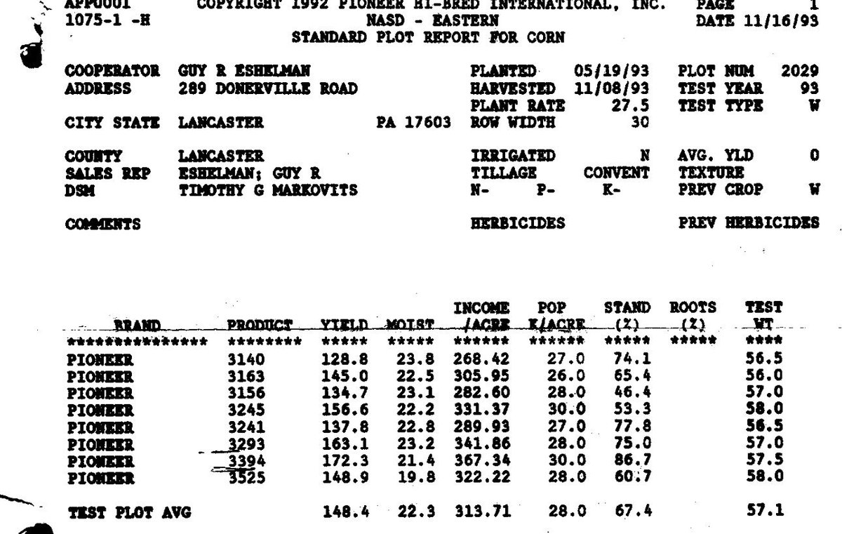 kphillips8psu's tweet photo. 👀 how far we’ve come in 30yrs! 1993 @PioneerSeeds plot +this year’s less than 1mile away. 2023 top product P14820Q @ 285bu is 112bu over U.S. avg or 65%, vs. 1993’s winner Pioneer 3394 @ 172bu, 41% over U.S. avg. Corteva spends $2,000/minute on R&amp;D for Ag💪 #Pioneer #1ForAReason https://t.co/8hRAt2nkXH