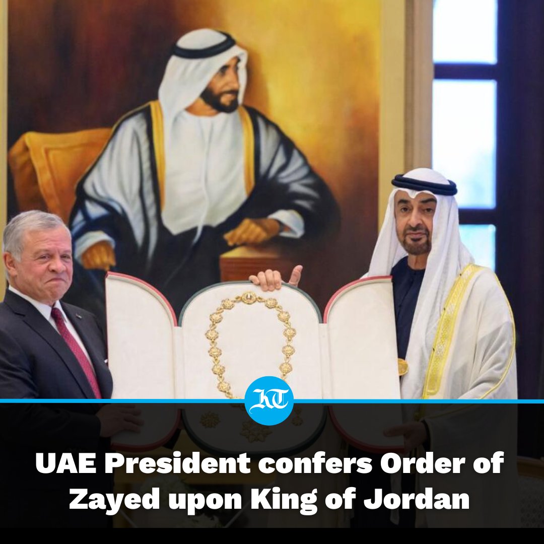 khaleejtimes's tweet photo. #UAE President @MohamedBinZayed has conferred upon #KingAbdullahII bin Al-Hussein of Jordan the Order of Zayed, the highest decoration bestowed by the UAE upon heads of states, royalty, and presidents.
https://t.co/RvGWPq5thX
#UAE #Jordan #OrderOfZayed https://t.co/qyMaKmhNZv