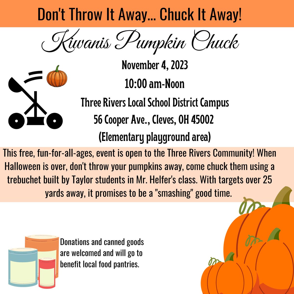 Ready to get rid of your pumpkins? Don't throw them away, CHUCK them at the annual Kiwanis Pumpkin Chuck on campus! 🎃🎯
<a href="/MarkCAult1/">Mark C Ault</a> <a href="/MeganRivet/">Megan Rivet</a> <a href="/MrBiedenbach/">Principal Biedenbach</a> <a href="/TMSJackets/">Holly Simms</a>