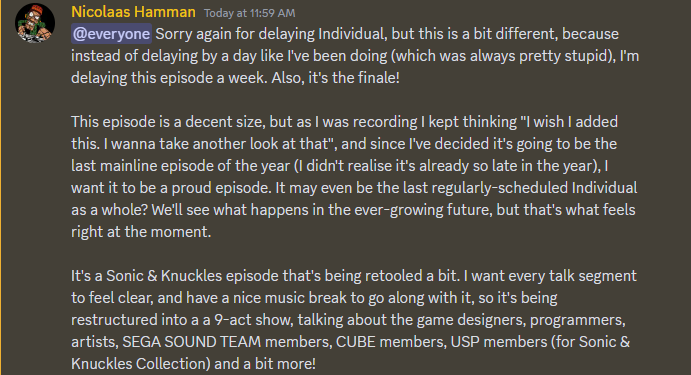 RadioSEGA's tweet photo. The now-finale episode to our current series of #RSIndividual, all about the many Individuals - musicians and more - who made Sonic &amp; Knuckles will instead be airing on 8th November at 6pm GMT/7pm CET: https://t.co/JK1LDP04C6