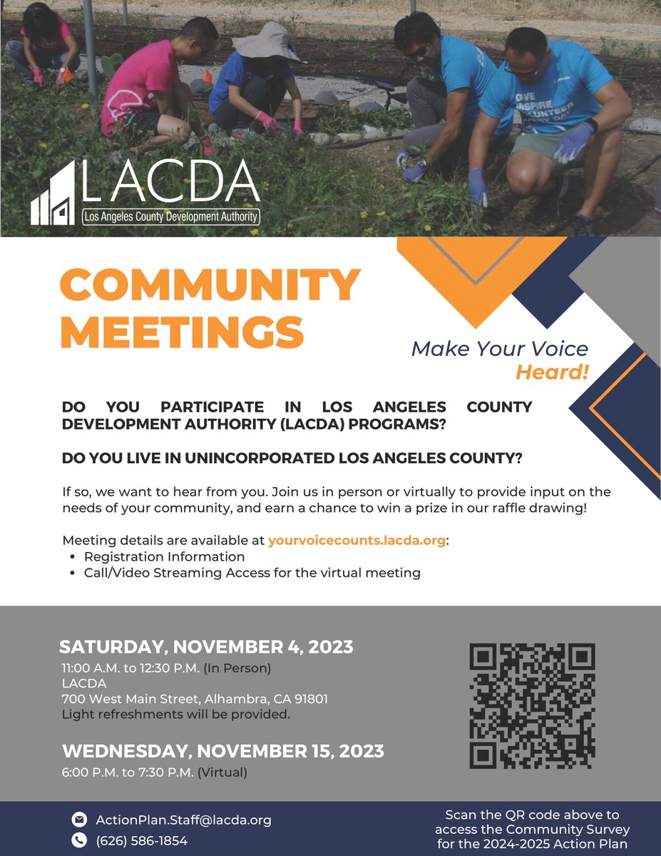 LACountyDCBA's tweet image. If you live in unincorporated #LACounty and participate in @LACDevAuthority programs, #LACDA wants to hear from you! Join an community meeting on 11/4 or 11/8 and give input on your community&apos;s needs. Make your voice heard!  Meeting details available at yourvoicecounts.lacda.org