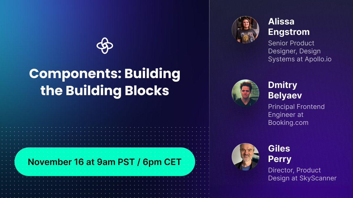 supernova_io's tweet photo. Join Supernova for a panel all about components 🧱 on Thurs, November 16 at 9am PST / 6pm CET.

Featuring industry experts: 
🔹Alissa Engstrom (Senior Product Designer, Design Systems at https://t.co/KLFglysK29) 
🔹 @blvdmitry (Principal Frontend Engineer at https://t.co/8EPJ84AzjM)
🔹 @Giles_Perry (Director of Product Design at Skyscanner)

During this panel, you'll learn best practices for managing a component's lifecycle:
🔹 Building new components 
🔹 Tracking component health 
🔹 Deprecating components

We'll also dive into how designers and developers approach and leverage components.