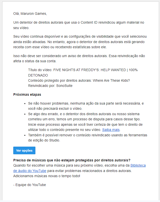 marurongames's tweet photo. Hello, my FNAF Help Wanted video was copyright claimed by @sonosuite  for a segment featuring Phone Guy's voice in FNAF 1's first night. Can you please explain the reason? It's a gameplay walkthrough and should fall under fair use. Thanks https://t.co/k5YitIXPi0