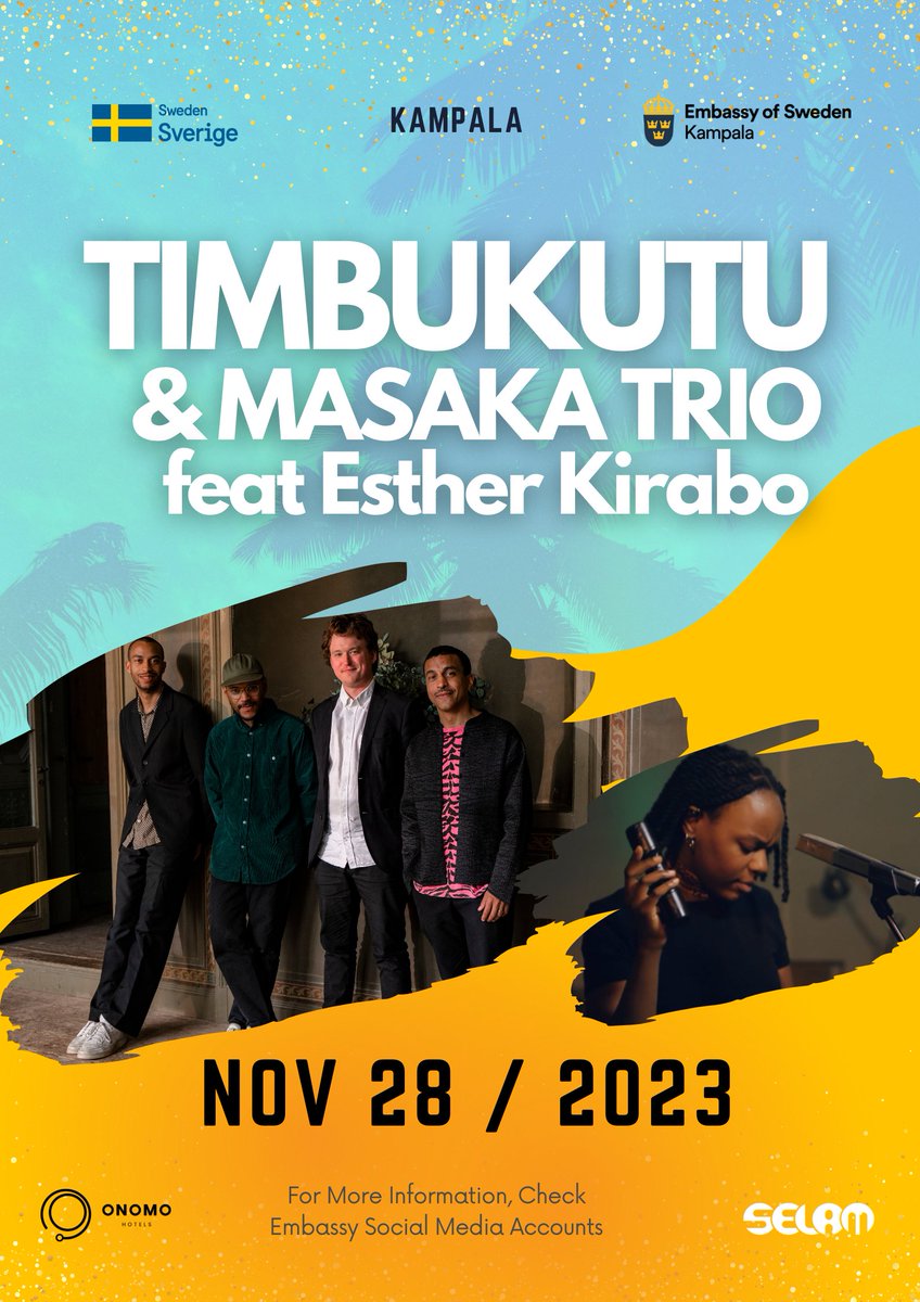 SwedeninUG's tweet photo. Happy New Month!

Join us in celebrating the bond btwn Uganda🇺🇬 &amp; Sweden🇸🇪 through music🎵

Compete for FREE tickets to a concert in Kampala on 28 November! 

Renowned Swedish hip hop artist Timbuktu will perform together with Swedish jazz band MASAKA Trio &amp; artist Esther Kirabo. https://t.co/CFaw9ddXRm