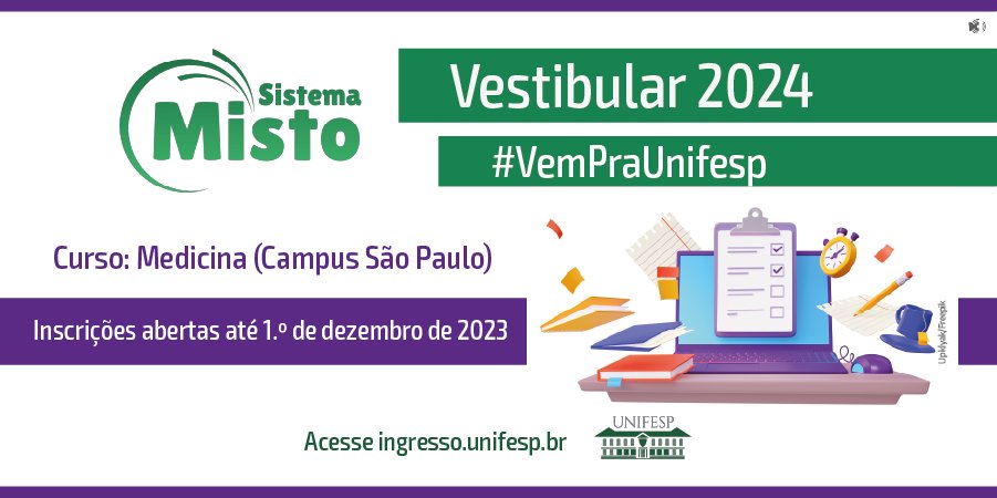 unifesp's tweet photo. 📢 Atenção, vestibulandos(as)!
👉As inscrições para o #VestibularUnifesp2024 - #SistemaMisto já começaram. São ofertadas 121 vagas para o curso de #Medicina.
📅O prazo vai até 1.º/12/2023: https://t.co/JHzAZSVk6F.
#unifesp #somosunifesp #unifespsp #vestibular #VemPraUnifesp https://t.co/xtLtbZo5zC
