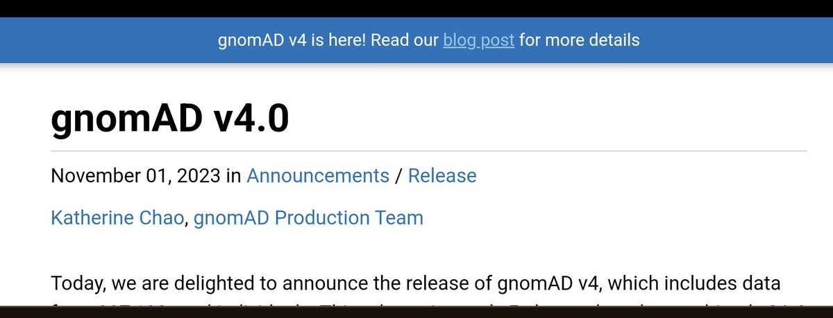 JamesFasham's tweet photo. gnomAD v4 is online 😲
- 5 x bigger (>800k)
- Aligned to GRCh38
- 138k individuals of diverse ancestry https://t.co/yPkC8RR1zA