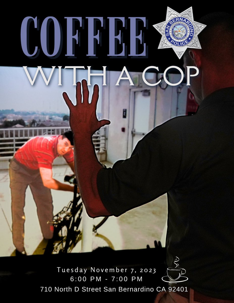 SanBernardinoPD's tweet photo. COFFEE WITH A COP…SIMULATOR TRAINING

Join us for Coffee with a Cop on Tuesday, November 7th, from 6 pm to 7 pm at our 710 North 'D' Street station. 

#JoinUs #CoffeWithaCop #SanBernardinoPD #SBPD #StandardofExcellence #SanBernardino #SBcity

@SBPD_CHIEF https://t.co/Nzu3o019Fd
