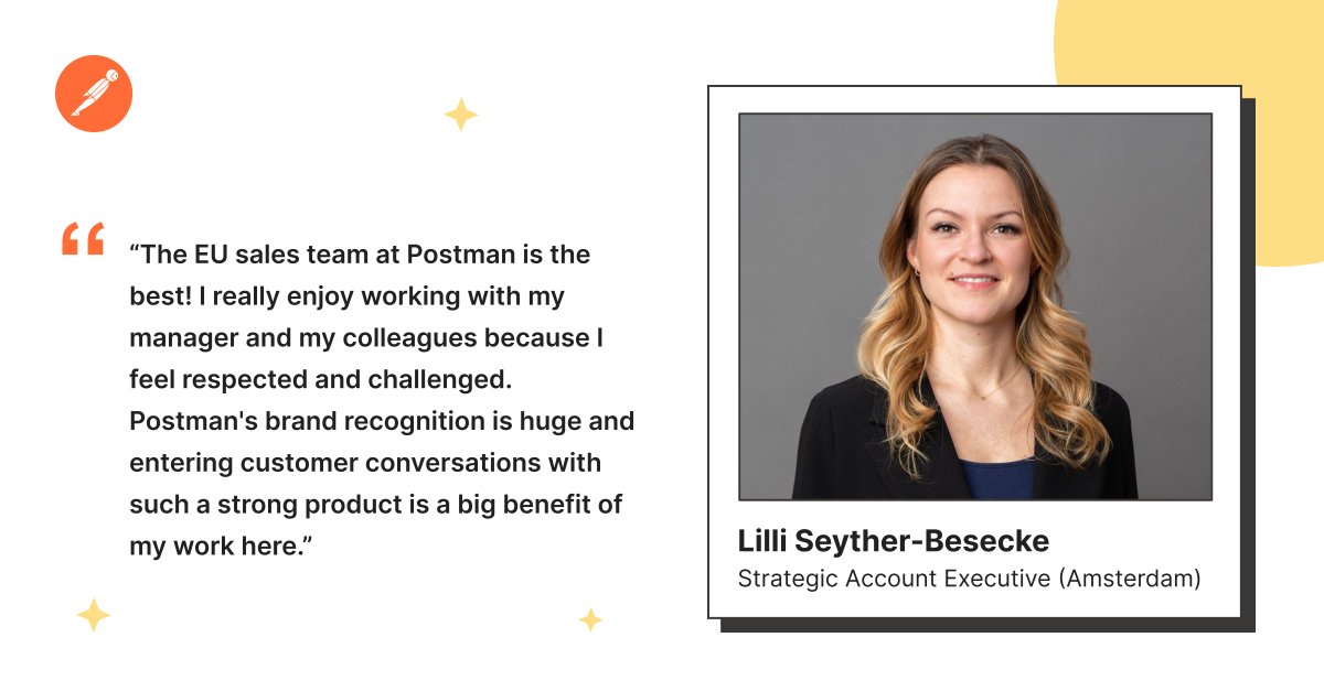 Strategic Account Executive (Amsterdam) Lilli Seyther-Besecke describes her love for her team and customers. 🧡🚀 Learn more about life at Postman: postman.com/company/career…