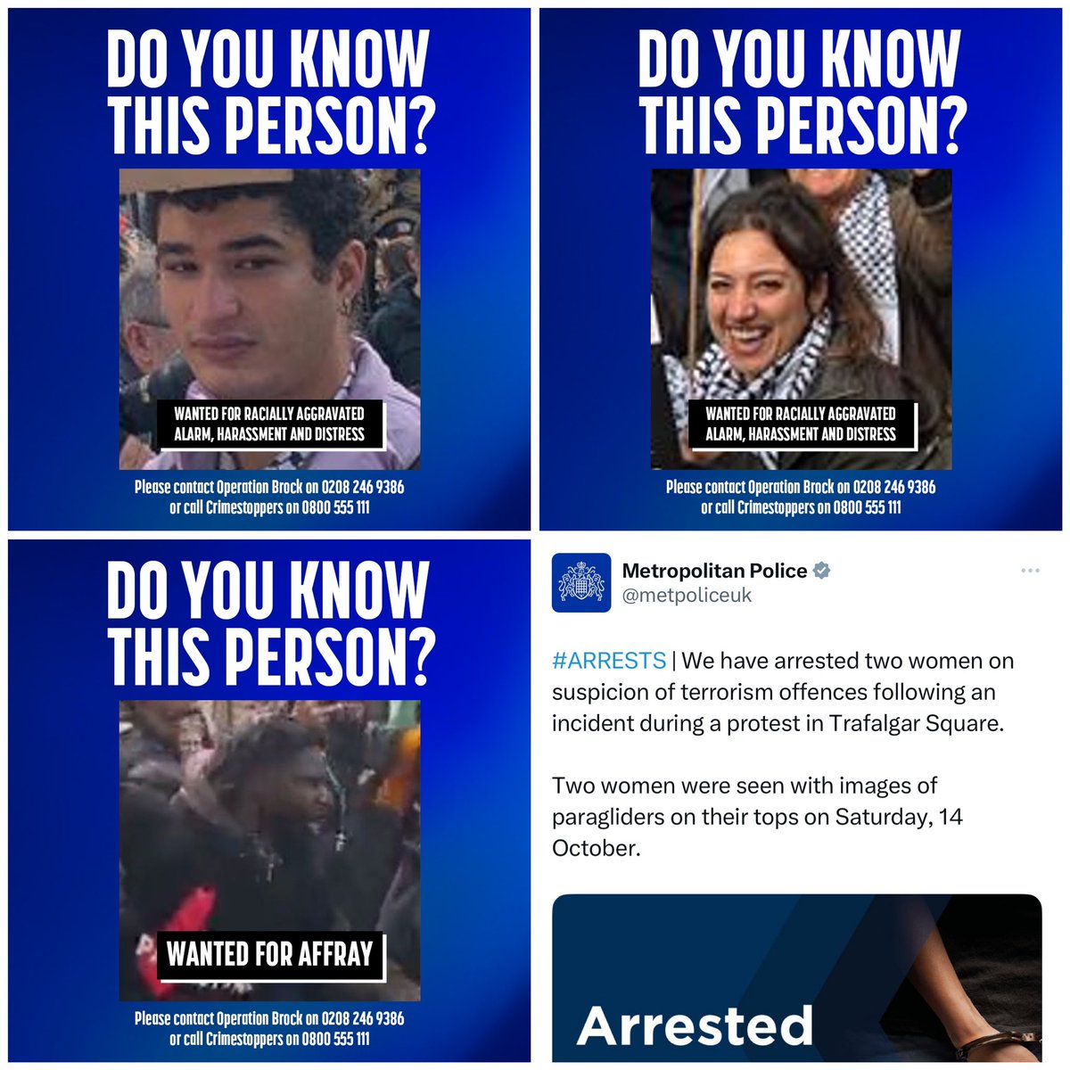 The police successfully found and arrested the two women wearing images of paragliders on October 14th.

Now they need help arresting 10 more wanted for racially aggravated alarm, harassment and distress, and another for affray. 

Please share widely.