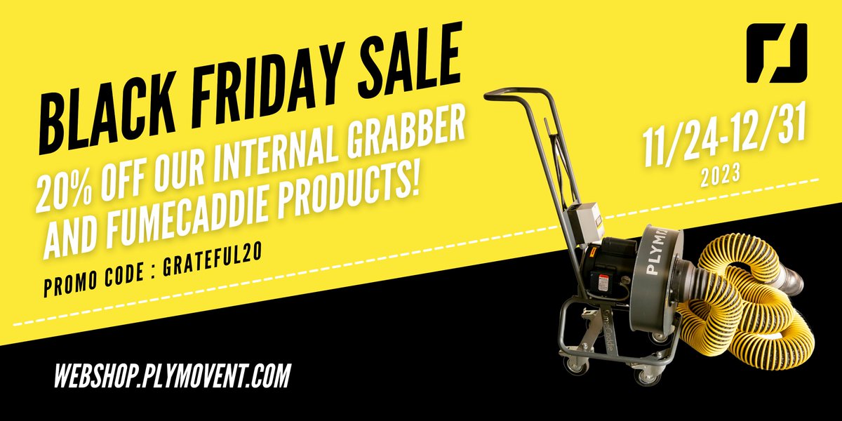 Set a reminder! Our #blackfriday sale starts November 24 and runs until December 31, 2023! With promo code GRATEFUL20 you will get 20% off our Internal Grabber &amp; FumeCaddie products!

webshop.plymovent.com