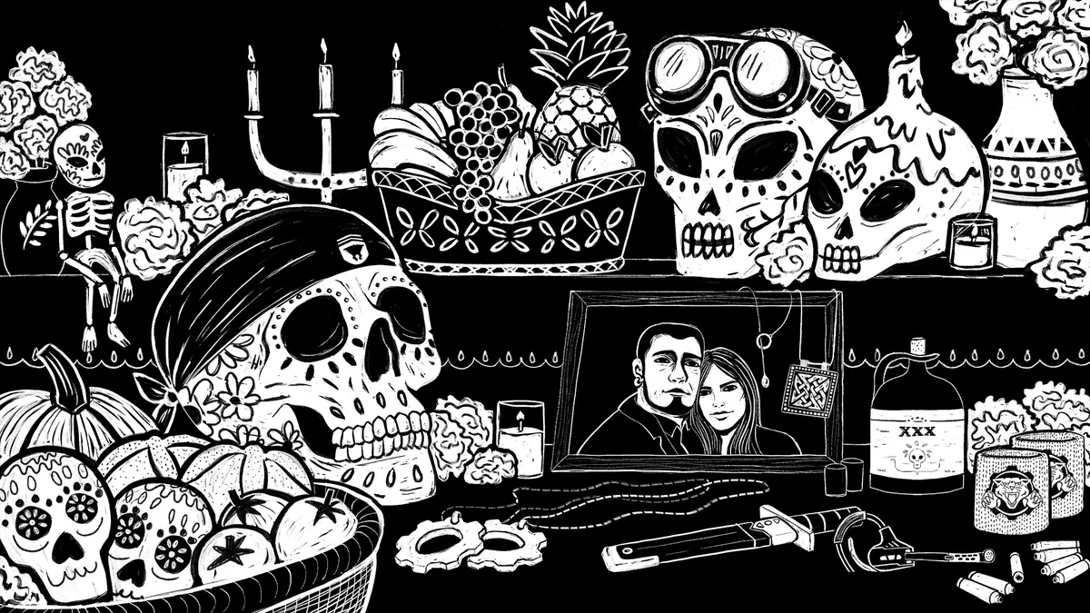 Ofrenda de día de Muertos en un estilo de grabado a blanco y negro. Muestra la foto de Dom y María en medio, rodeada por decoraciones de Día de Muertos, junto con coleccionables de Gears of War y símbolos de personajes.