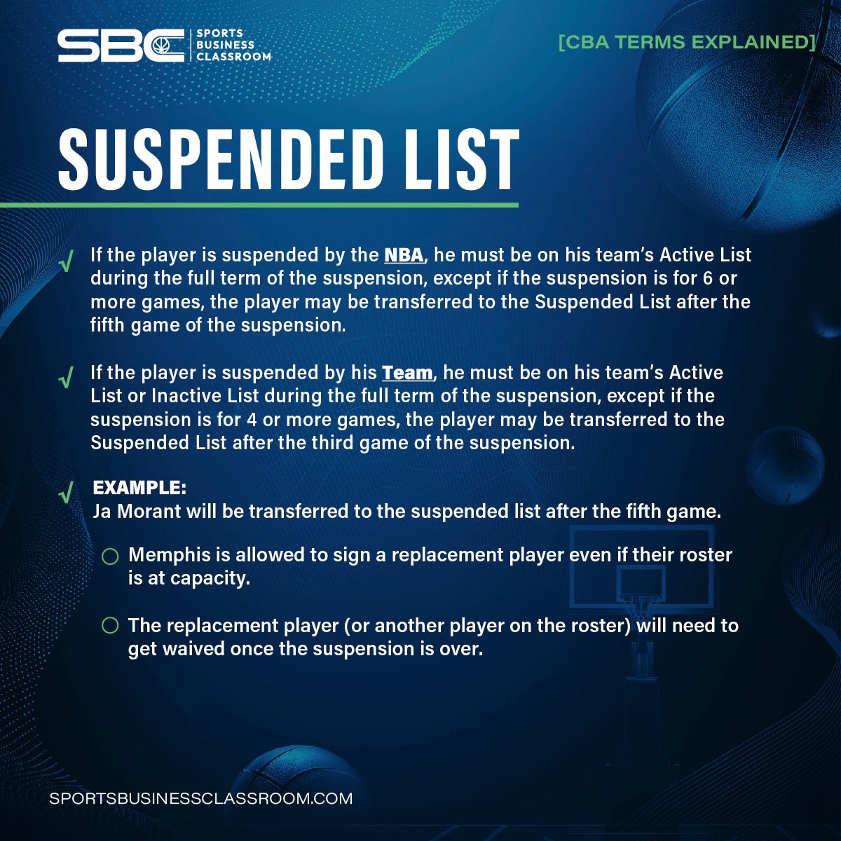 SportsBizClass's tweet photo. Taking a Timeout with [CBA Terms Explained]🏀 Suspended List Edition! 

Dive into the world of CBA as we unravel the significance of the 'Suspended List'. 

Stay tuned for insights &amp; stories you won't want to miss! 📊

#CBAExplained #BreakintoBasketball https://t.co/7gcHlVqmSa