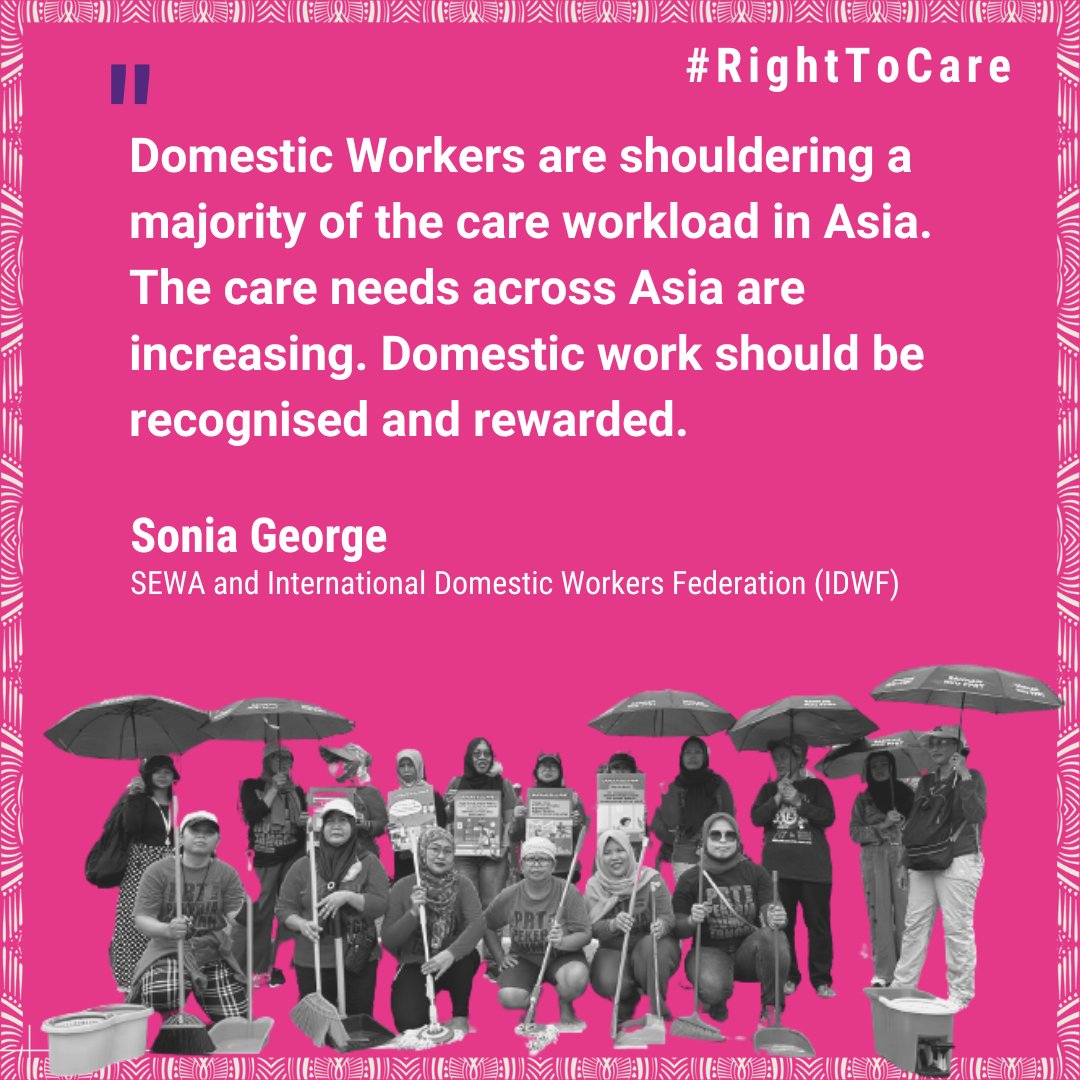 80% of world’s 67 million domestic workers are women — 90% of them don’t have access to social security, and more than half have no limits on their working hours.
(Time to Care, Oxfam 2020)
Here's what Sonia George from SEWA India &amp; <a href="/IDWFED/">IDWF - International Domestic Workers Federation</a> has to say.
#RightToCare