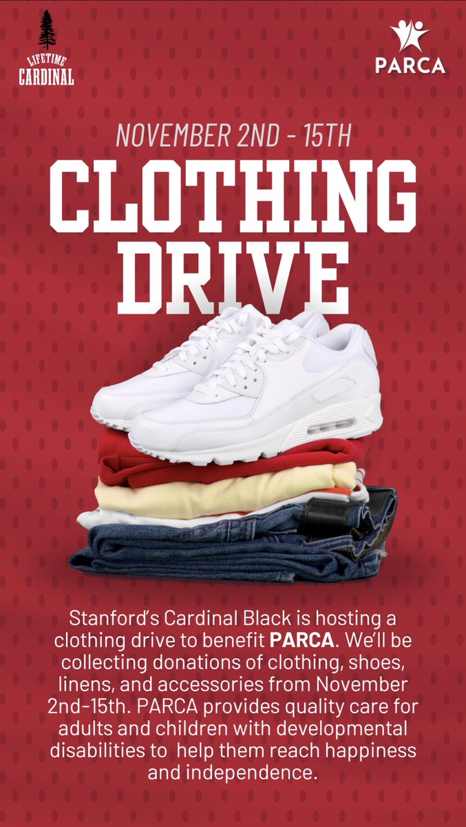 Joshua Karty (@joshuakarty) on Twitter photo 🚨 Clothing drive starting tomorrow! 🚨
When: Nov 2-Nov. 15
Where: Entrance of Sunken Diamond
Huge thanks to <a href="/Lifetime_Card/">Lifetime Cardinal</a> and my teammate Jayson Raines for setting this up. 🚨 Clothing drive starting tomorrow! 🚨
When: Nov 2-Nov. 15
Where: Entrance of Sunken Diamond
Huge thanks to <a href="/Lifetime_Card/">Lifetime Cardinal</a> and my teammate Jayson Raines for setting this up.