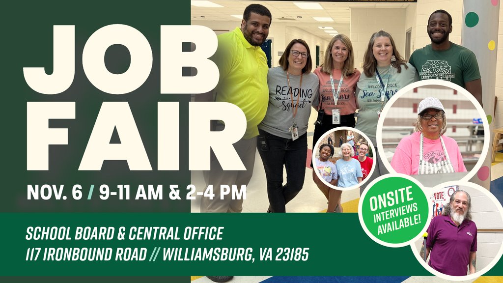 WJCCSchools's tweet photo. Calling all passionate, caring, and collaborative professionals! WJCC Schools is seeking individuals to join our support team. Meet us at our Job Fair on Monday, November 6, 2023! 

Learn more about what it means to work with WJCC Schools at https://t.co/Iw1WU2Vv9d 

#WeAreWJCC https://t.co/B75ggcsFvN