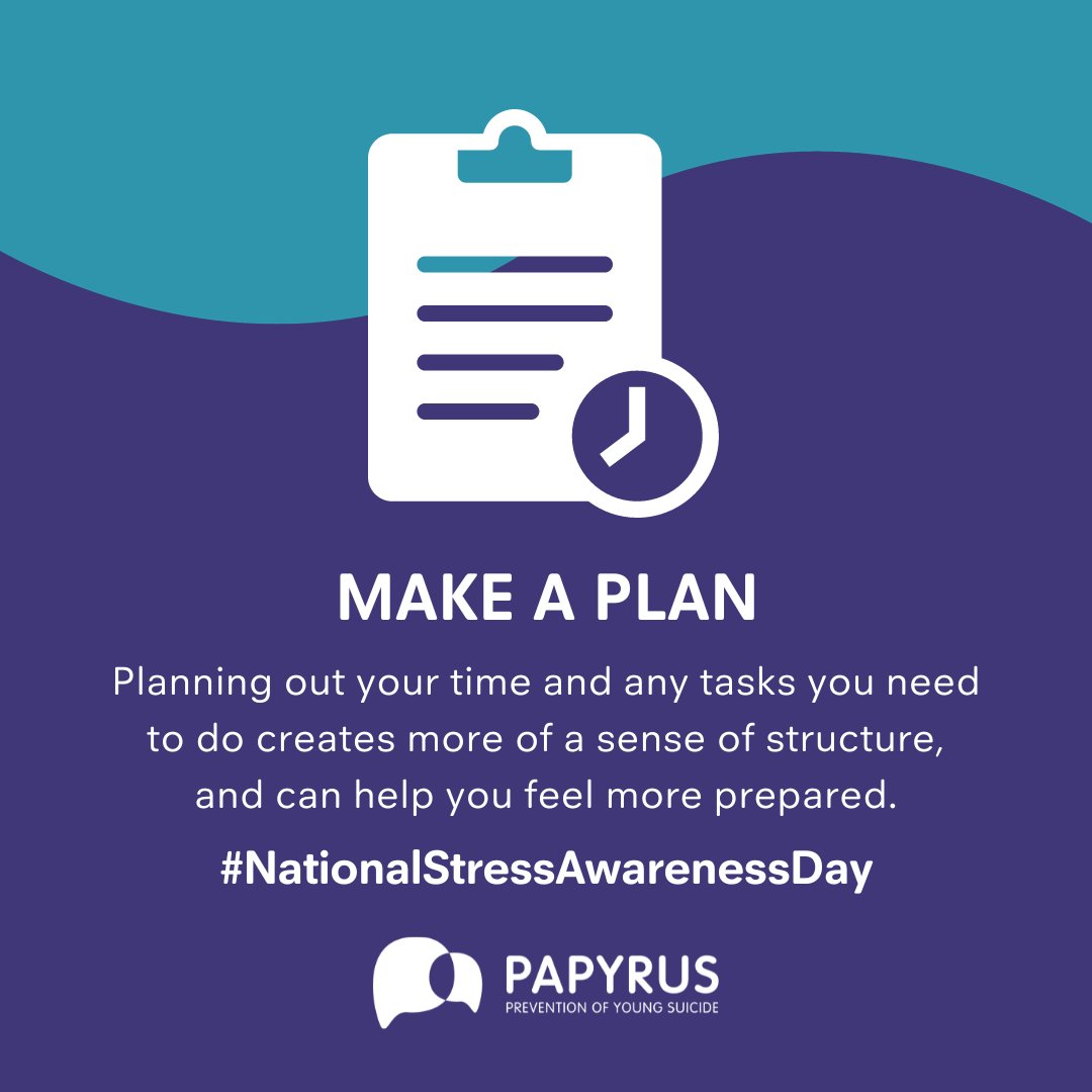 Today is #NationalStressAwarenessDay: we all experience stress in our daily lives and have different ways of managing stress that suit us individually. Here are some tips and options for managing stress and making your day a little easier... 💜
 
#WeArePAPYRUS #Stress #Support