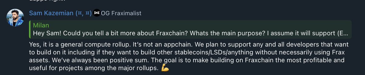 FRAXCHAIN ⛓️ @fraxfinance has been and always will be positive sum 💪😎🤝😎🤳 'We’ve always been positive sum. The goal is to make building on Fraxchain the most profitable and useful for projects among the major rollups. 💪'️️️️