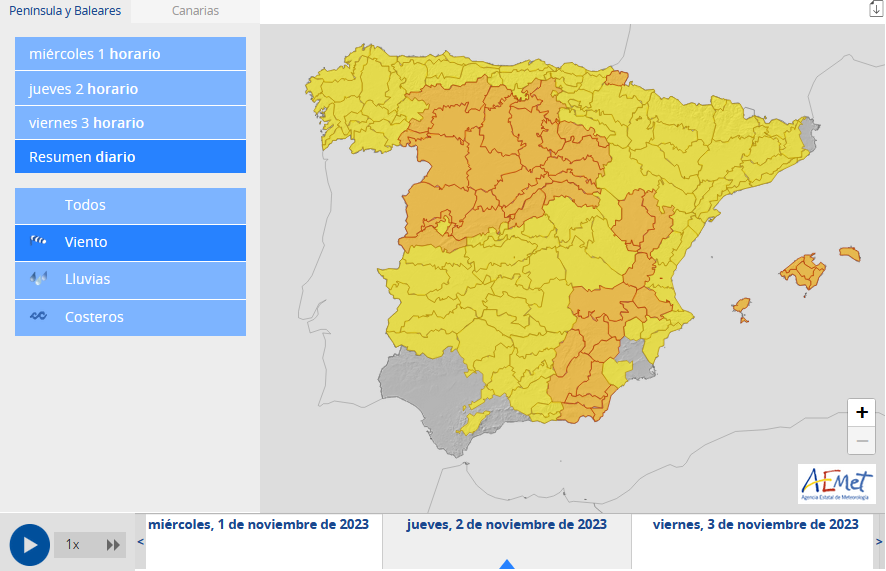 🧵El jueves, 2 de noviembre, será una jornada adversa por el #viento en la mayor parte de la Península y Baleares. Las rachas superarán los 90 km/h en amplias zonas del norte, interior peninsular y Baleares, e incluso los 100 km/h en montañas, costas y zonas del este peninsular.