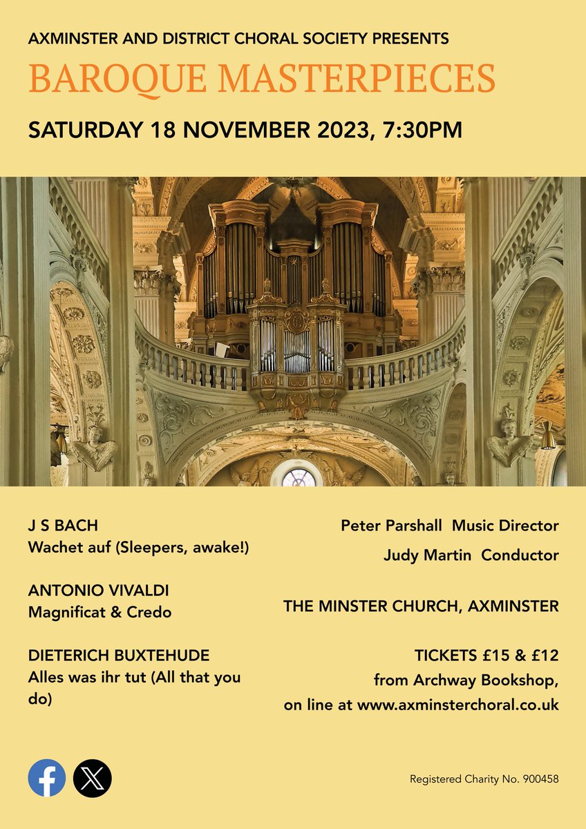 Hello November! 

Our <a href="/ADCSnews/">Axminster Choral</a> concert of beautiful #Baroque choral works is coming up on the 18th. You can buy tickets online, from <a href="/Archwaybookshop/">Archway Bookshop</a> or from choir members.

Professional orchestra and soloists so a night not to be missed!

axminsterchoral.co.Uk
