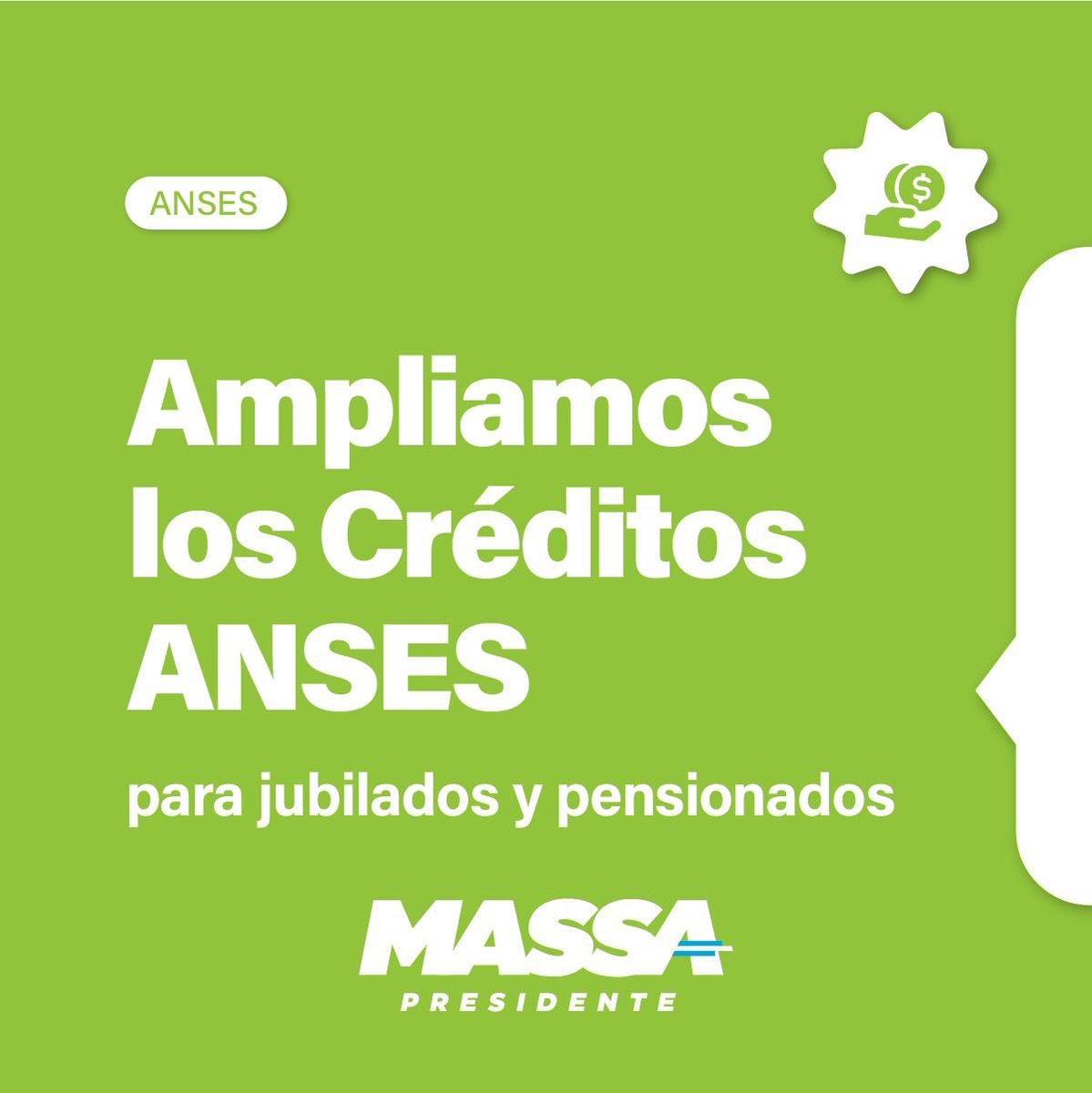 passomarcela's tweet photo. Sergio Massa anunció la ampliación de los Créditos ANSES para jubilados y pensionados.

✅ A partir del 6/11, el monto de los créditos ascenderá hasta $600.000 a devolver en 24, 36 o 48 cuotas.
Se solicitan con turno en https://t.co/ktdmHp61D1 

#TenemosConQuién 
#MassaPresidente https://t.co/zo9sHbsOYf