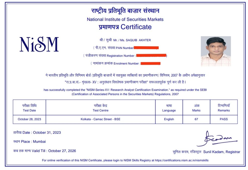 saquibakhter's tweet photo. Hello Everyone...!!!

I have passed the NISM Series XV - Research Analyst Certificate Examination. Lot more to go. This is just the beginning of my research journey. 

#reseachanalyst #research #stock #nifty #nism #StockMarketindia
#StocksToBuy #Motivation https://t.co/VvuwpOSZRV
